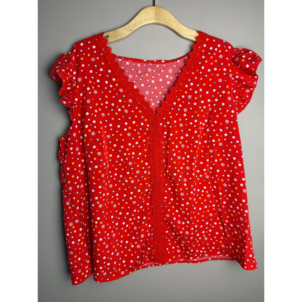 SHEIN Curve Red Floral Lace Trim V-Neck Flutter Sleeve Blouse Top 2XL